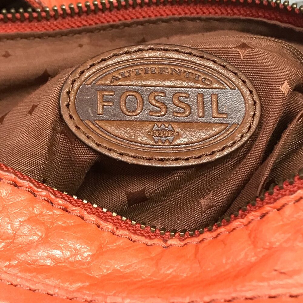 FOSSIL Explorer Crossbody Bag Orange Pebbled Leather Zip Top‎ Purse Pockets FLAW - Picture 13 of 16